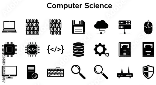 Photos A comprehensive collection of black and white icons representing various concepts in computer science and technology, including hardware, software, and networking