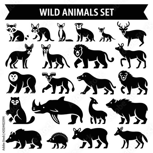 Canvas Print Vector of a diverse set of wild animals in silhouette form arranged neatly