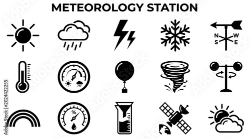 Foto A collection of black and white meteorological station icons depicting various weather phenomena and instruments like sun, clouds, rain, lightning, wind, temperature, and pressure