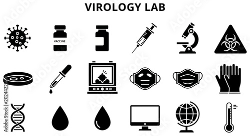 Tableau sur toile A collection of black and white icons representing a virology lab, including viruses, vaccines, microscopes, biohazard symbols, and various medical equipment