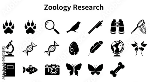 Canvas Print A collection of black and white icons representing various tools, symbols, and elements found in a virology lab, including viruses, vaccines, microscopes, and safety equipment