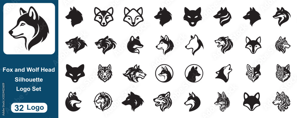 Obraz premium Fox and Wolf Head Silhouette Logo Set Modern Animal Branding Vector Collection