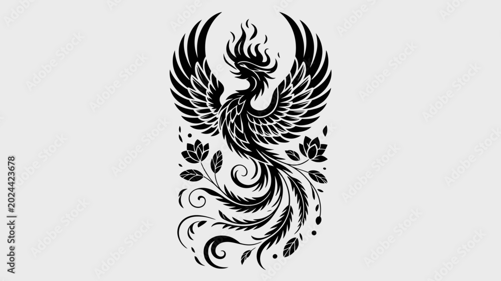 Fototapeta premium Black Phoenix Bird Tattoo, Mythical Creature Design, Floral Vector, Tattoo Art