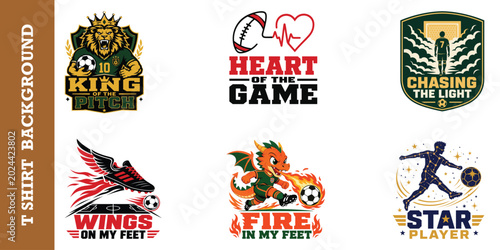 Mascot logo collection with king of the pitch lion and fire breathing dragon soccer stars.