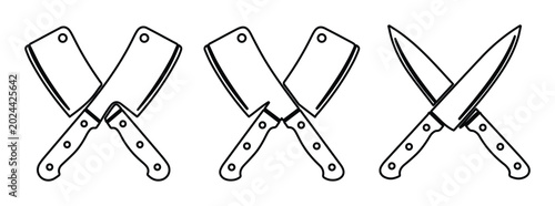 Photos Butcher knife and meat cleaver vector set, crossed kitchen knives line art icons