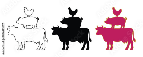 Foto Farm animal stack silhouettes, cow pig and chicken butcher shop icons, rustic li