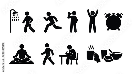Canvastavla Morning routine stick figure icons, daily habit silhouette vector set, healthy l