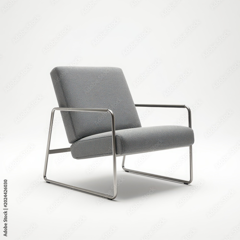 Obraz premium Modern Gray Fabric Armchair with Metal Frame Against White Background