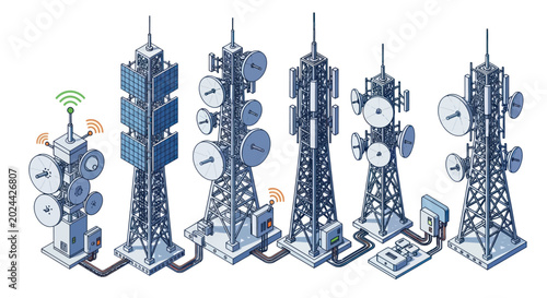 Foto Isometric Communication Towers Vector Set