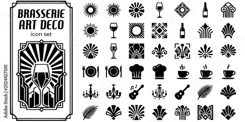 Fotografie Brasserie Art Deco Black White-Sunburst Wine Glass Geometric-French Dining Vecto