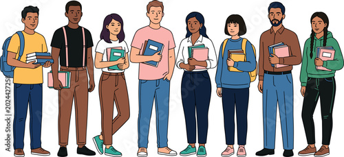 Bild auf Leinwand Diverse College Student Group Standing with Books and Backpacks for University C