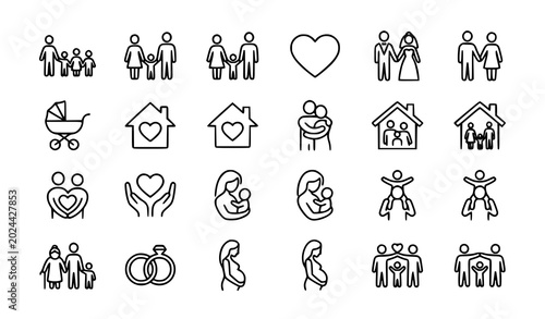Family Relationship and Parenting Outline Black and White Vector Icon Collection