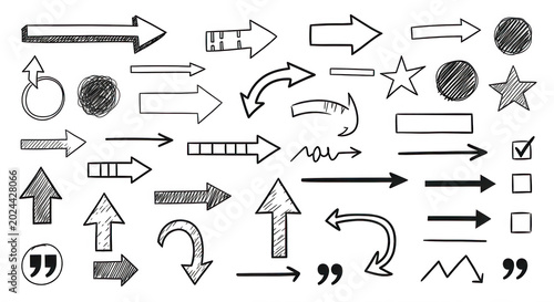 Hand-drawn white chalk arrows, stars, circles, and quotation marks isolated on a black background, doodle style