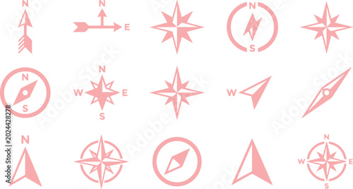 Bild auf Leinwand Minimalist pink compass vector icons, a set of 15 navigation symbols, direction