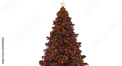 Large christmas tree covered in dense multicolored fairy lights with a glowing white star topper against a solid black background