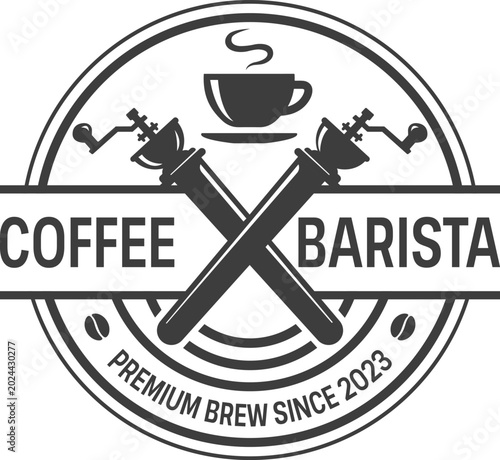 Vintage coffee shop badge logo design with barista grinder and coffee cup vector template.