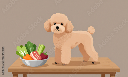 poodle standing wooden table surrounded colorful arrangement fresh vegetables raw meat stainless steel