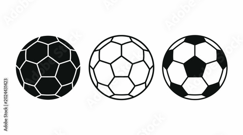 Three simple black and white soccer balls in a row, isolated on a white background, presented as vector graphics