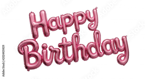 Pink metallic foil balloon letters spelling happy birthday isolated on a solid black background, festive party decoration