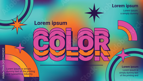 Y2K retro vibrant fluid gradient vector banner template with bold 3D typography, Abstract 90s style colorful mesh background layout with geometric shapes and sparkles.