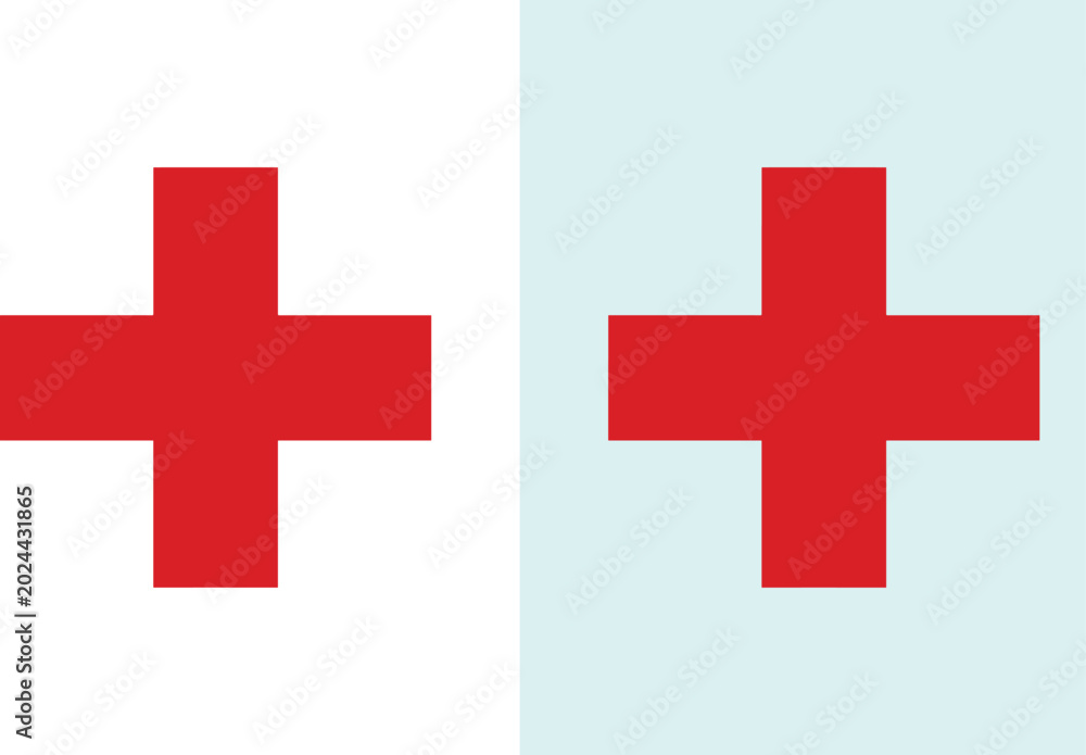 Fototapeta premium Two red cross symbols on split white and pale blue background