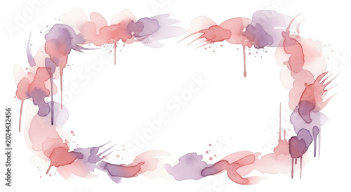 Rectangular frame made of soft pink and purple watercolor paint splashes and drips isolated on a solid black background