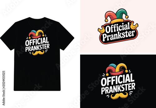 Photos T shirt design with jester hat and official prankster text vector illustration