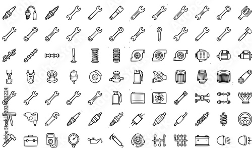Bild auf Leinwand Automotive repair tools and parts collection line art illustration for mechanica