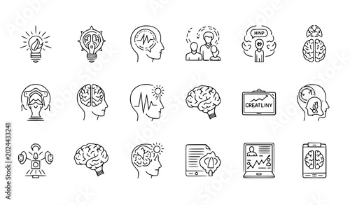 Photos Neurology and mental health line icons brain function thought processes and cogn