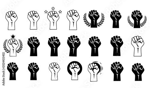 Bilde på lerret Diverse collection of raised fist icons representing solidarity protest empowerm