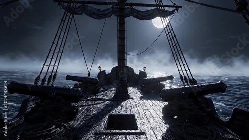 Dark ship sailing through stormy sea.