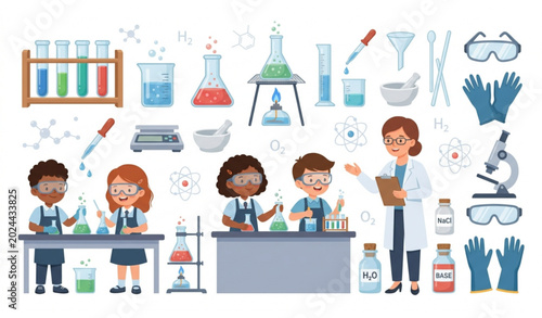 Fotografía Chemistry lesson at school set laboratory equipment test tubes lab education vec