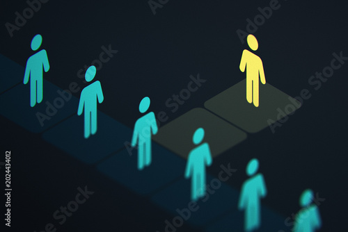 Slika na platnu 3D concept of a yellow glowing figure standing out from a crowd of cyan figures