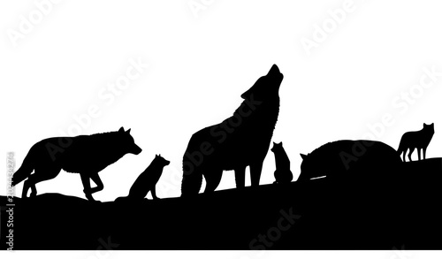 Fotografi Wolf pack silhouette a dramatic black and white illustration of wolves on a ridg