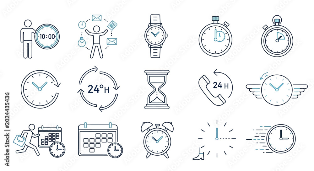 Fototapeta premium Set of icons representing time management, efficiency, scheduling, and deadlines with various time-related symbols and concepts