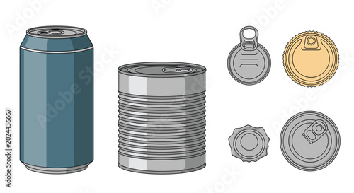 Collection of metal cans and lids for food and beverages including tall soda can and wide tuna tin containers.