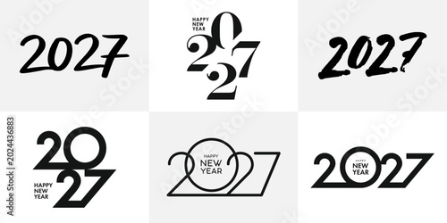 Big Set of 2027 Happy New Year logo text design. 2027 number design template. Collection of 2027 Happy New Year symbols. Vector illustration with black labels isolated on white background.