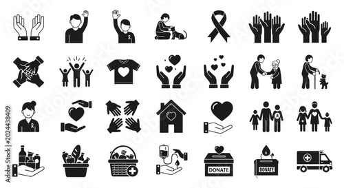 Billede på lærred Vector icons illustrating charity, volunteering, and community support, depictin