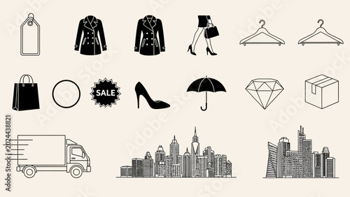 Tableau sur toile Collection of Black and White Icons Representing Shopping, Fashion, and Urban Li