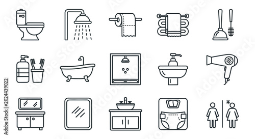 Photos A comprehensive collection of minimalist line icons representing various bathroo