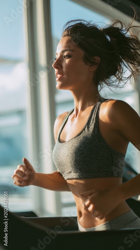 Young woman jogging on treadmill in bright modern gym