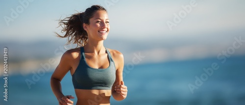 Smiling young woman jogging by the beach on a sunny day
