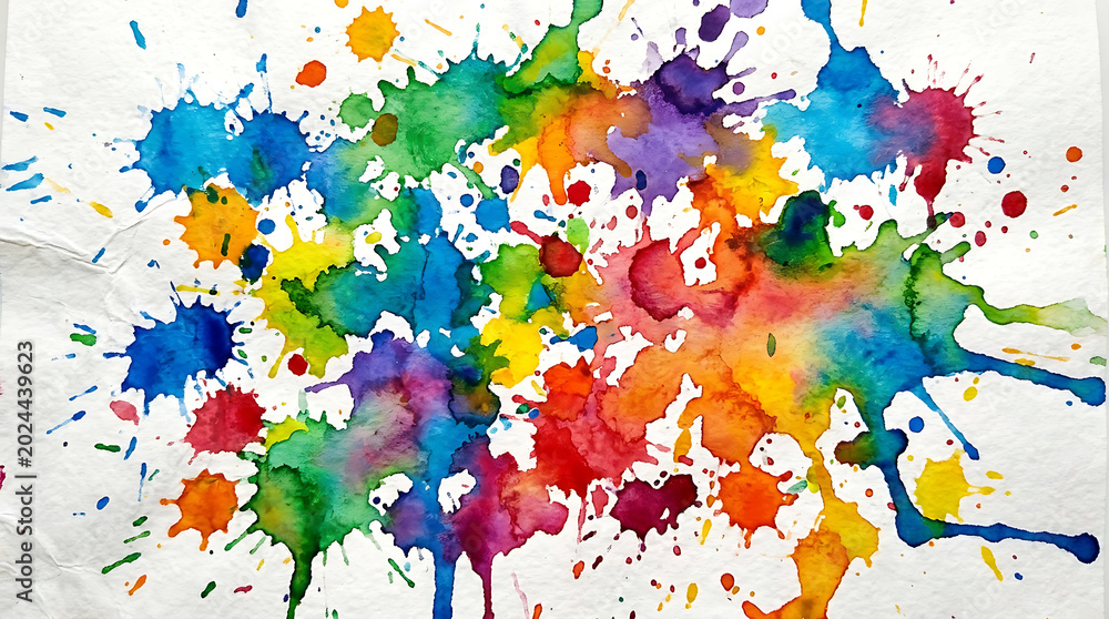 Fototapeta premium Vibrant and abstract colorful paint splatters on white background, symbolizing creativity and artistic expression