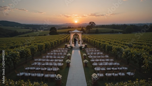 Bride and groom stand at an altar during a romantic sunset wedding ceremony in a picturesque vineyard.