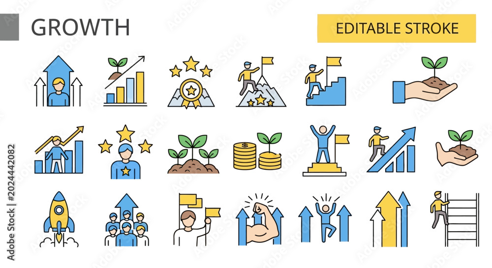 Fototapeta premium Collection of growth and success icons representing career development, business achievement, and personal progress with upward trends