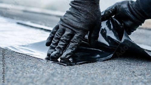 Foto Close-up of construction worker's dark gloved hands peeling and pressing down a