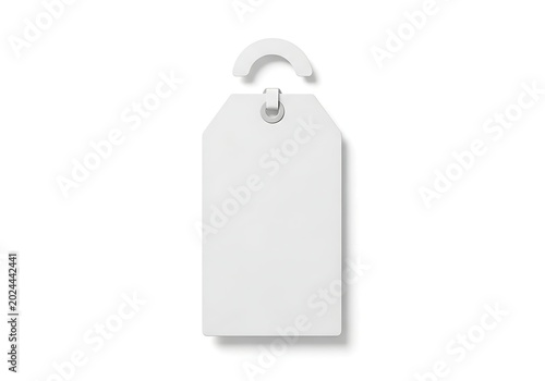 Isolated rectangular blank paper hang tag with metallic grommet, clothing price label, retail branding, merchandising mockup