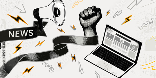 News announcement collage with megaphone raised fist and laptop