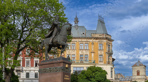 Canvastavla Equestrian monument to King Danylo Halytsky in Lviv Ukraine with historic archit