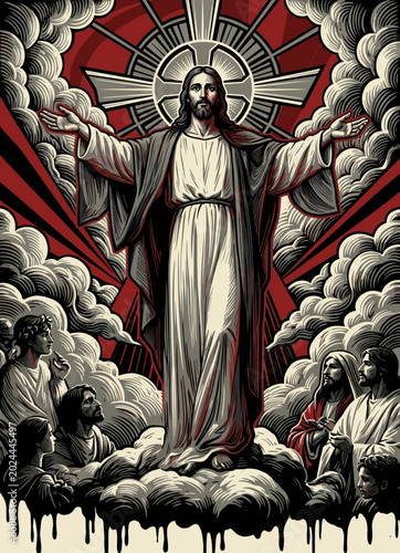 Photos Jesus Christ standing on clouds with outstretched arms and holy light